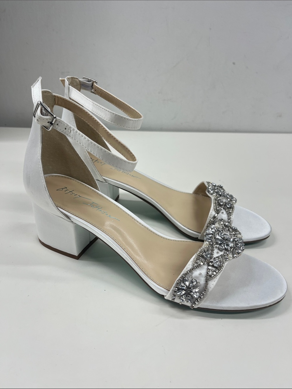 Betsey Johnson Mel White Crystal Embellished Block Heel Sandals  9.5W